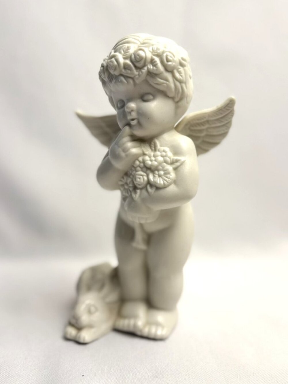 VIGOR Cherub Figurine Vintage White Bisque Porcelain Angel Flowers & Rabbit 7"